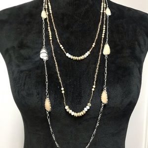 Silver and tan long layered necklace set